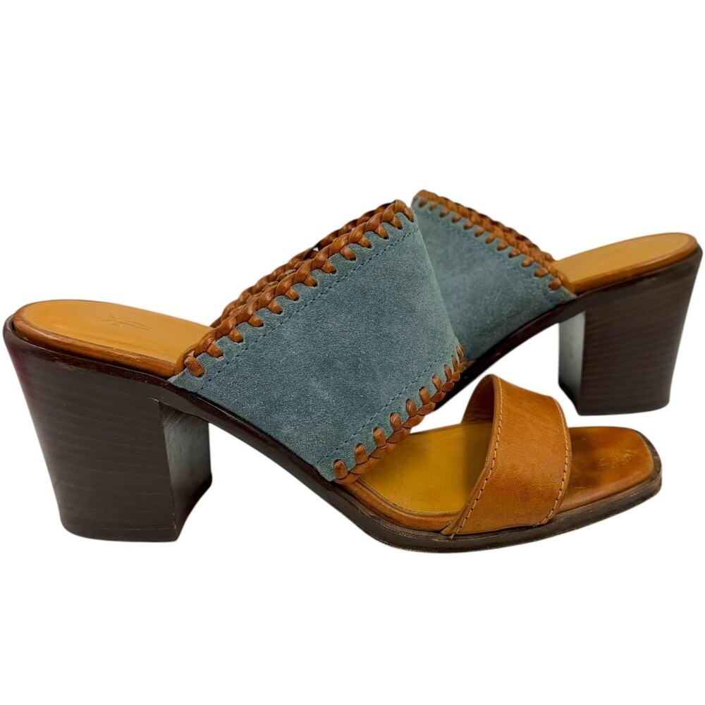 Frye Ashley Blue Suede Tan Leather Whipstitch Mule Slide Sandals Womens 8.5 Boho